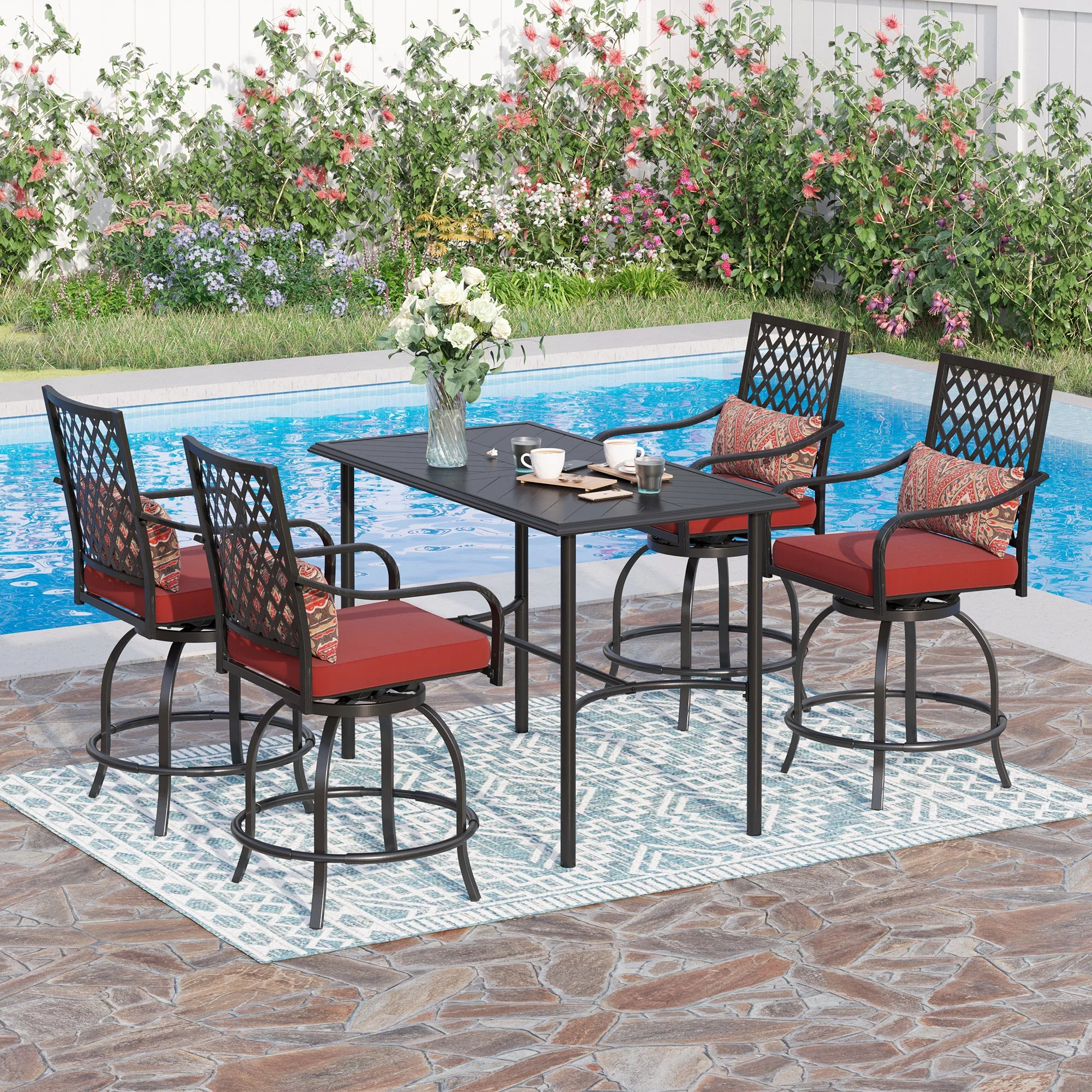 Sophia & William 4PCS Outdoor Patio Metal Swivel Bar Stools Set Height Chairs Furniture Set with Cushions