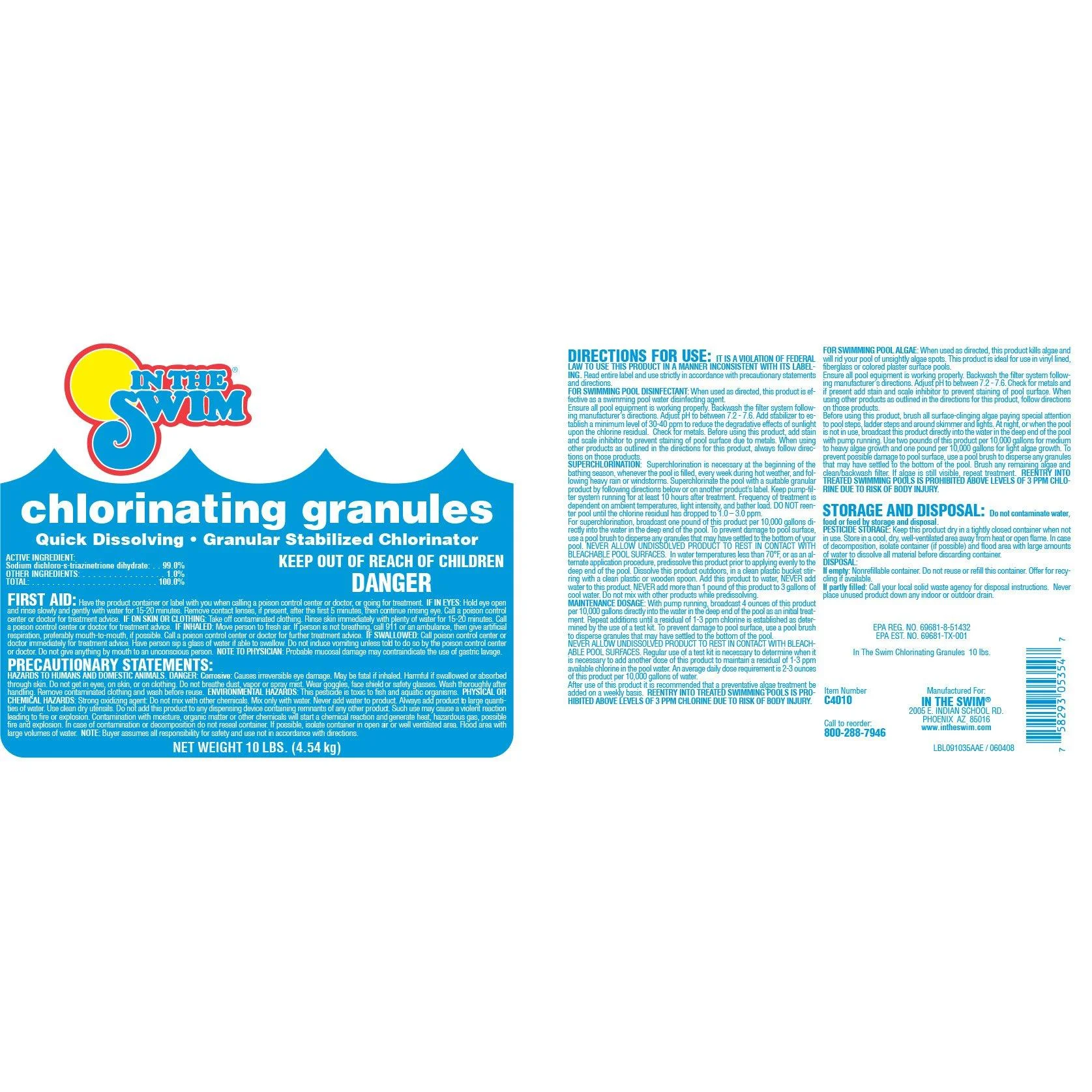 In The Swim Sodium Dichlor Chlorine Shock Granules for Sanitizing Swimming Pools – Fast Dissolving, pH Balanced Sanitizer - 56% Available Chlorine, 99% Sodium-Dichlor – 40 Pound C4045