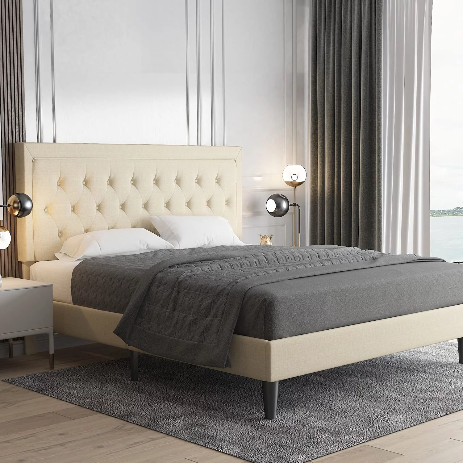 Allewie Queen Size Bed Frame Upholstered Platform Bed with Adjustable Headboard, Box Spring not Needed, Beige
