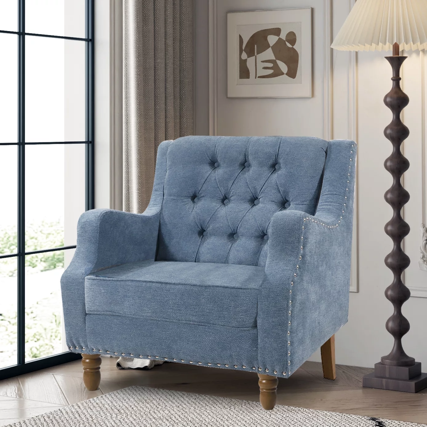 Accent Chairs for Living Room - Mid Century Modern Arm Chair for Bedroom Linen Fabric Armchair Club Chair Wingback Single Sofa Chair with Button Tufted Back，Blue
