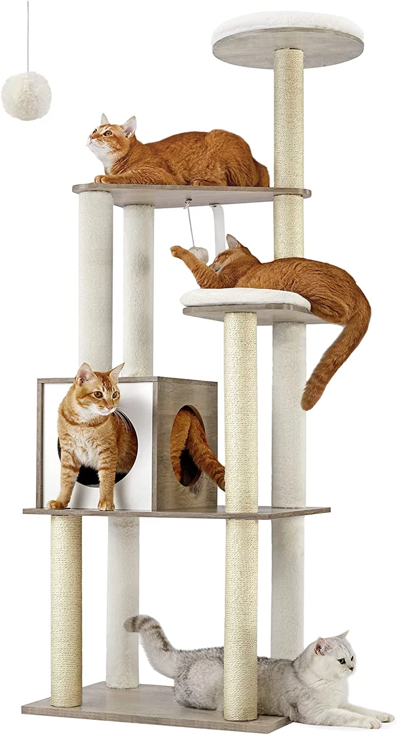 Feandrea WoodyWonders Cat Tree, 65-Inch Modern Cat Tower for Indoor Cats, Multi-Level Cat Condo with 5 Scratching Posts, Perch, Washable Removable Cushions, Cat Furniture, Greige