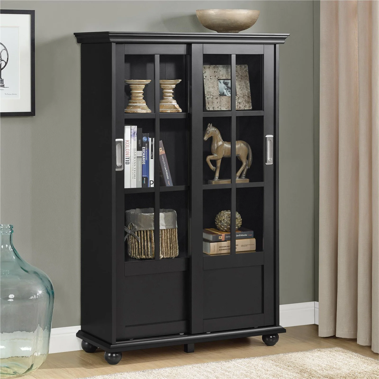 Ameriwood Home Aaron Lane Bookcase with Sliding Glass Doors, Black