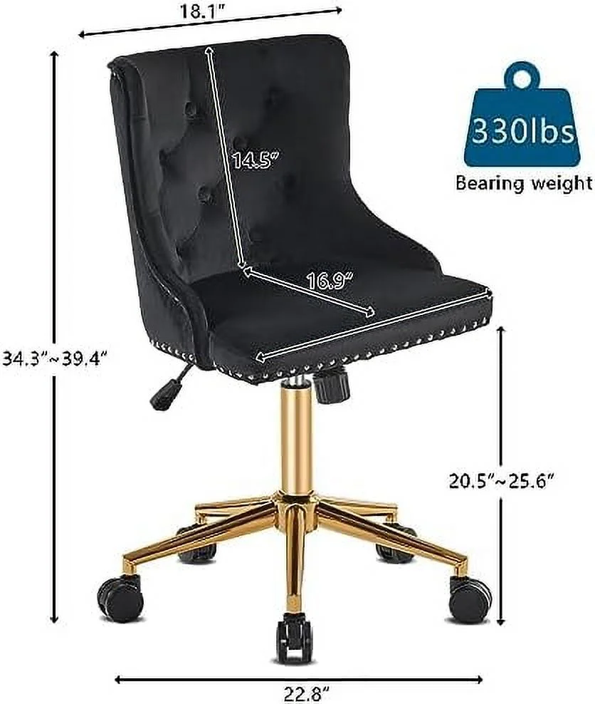 TJUNBOLIFE Olive Green Velvet Armless Home Office Desk Chair with Gold Base/Wheels  Small Cute Vanity/Makeup Chair with Back for Bedroom  Upholstered Adjustable Rolling Swivel Nail Chair