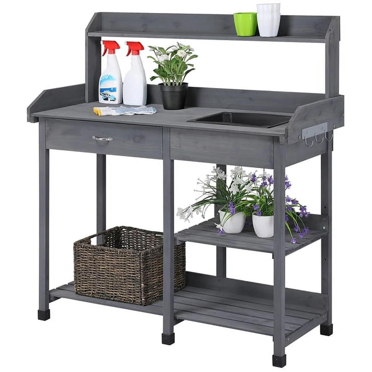 SmileMart Wooden Garden Potting Bench Work Bench Station Planting Bench with Sink Drawer Rack