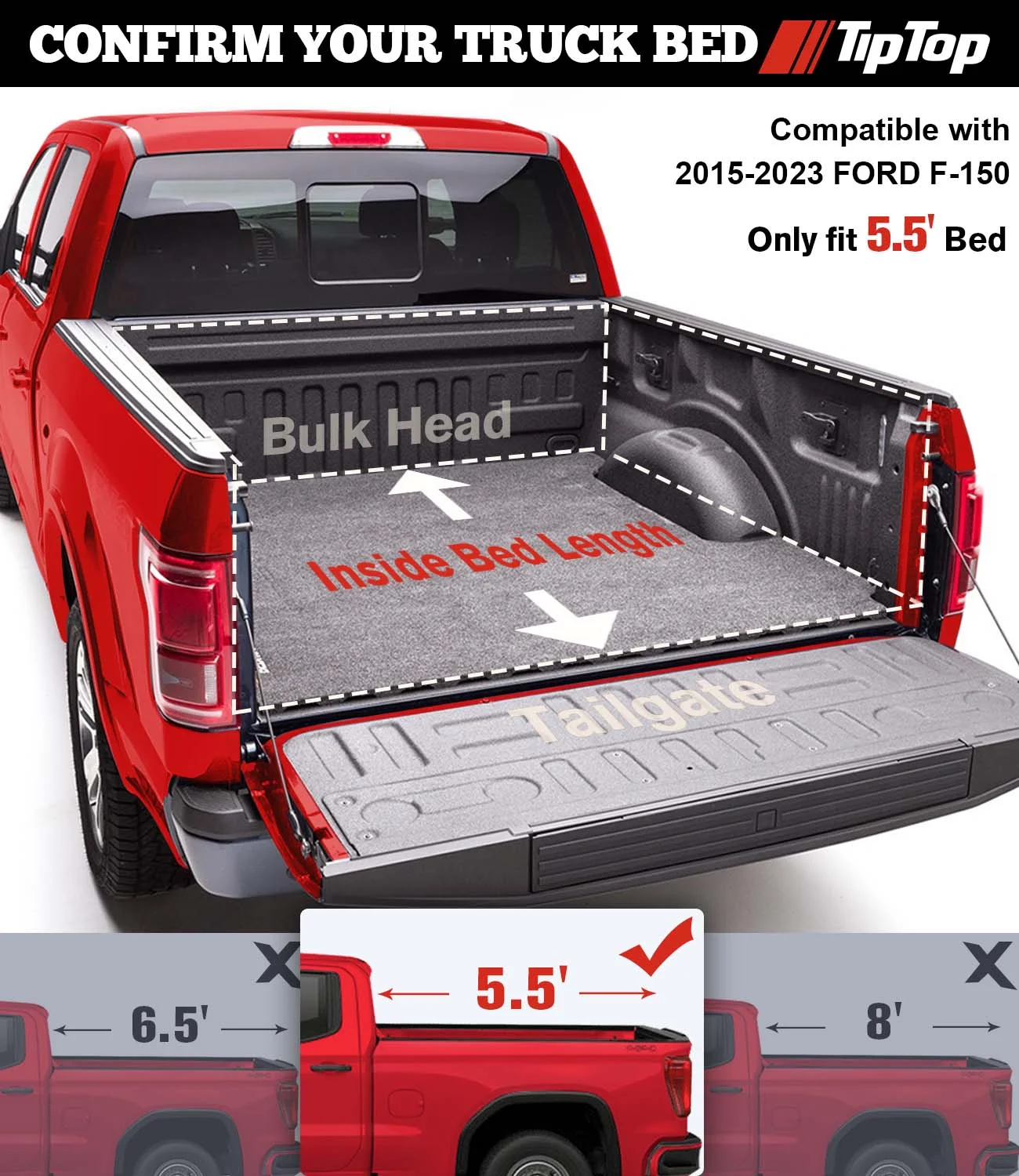 TIPTOP Tri-Fold Hard Tonneau Cover Truck Bed FRP On Top For 2015-2023 F150 5.5ft Bed (67.1