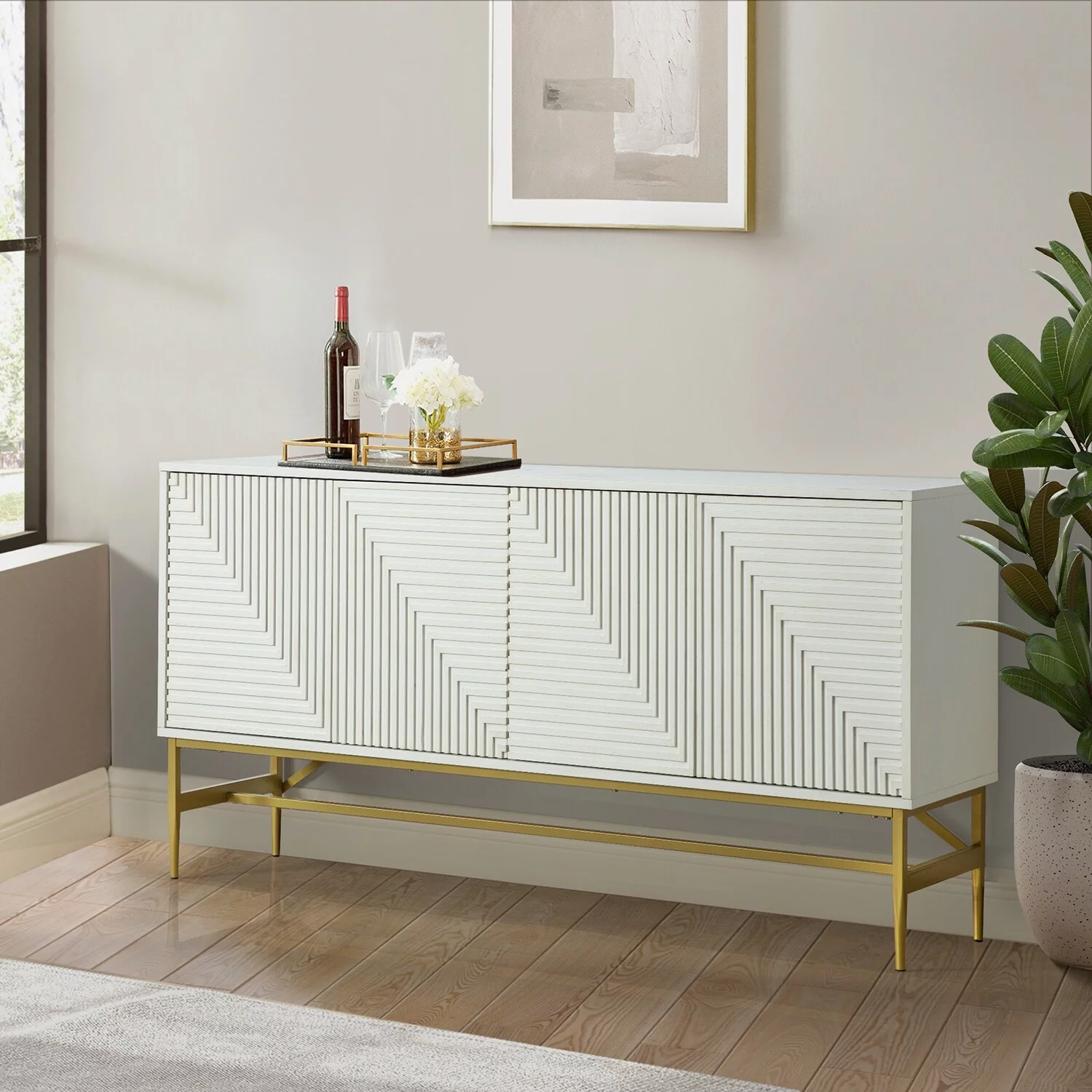 HULALA HOME Rowland Kitchen Buffet Sideboard with Metal Legs Walnut