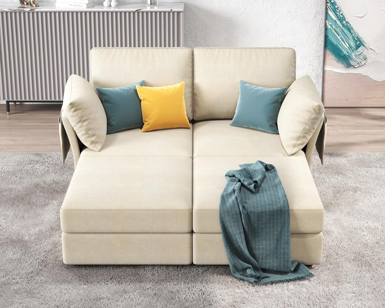 AMERLIFE 70 Inches Modular Sectional Sofa, Oversized Sectional Sofa with Storage, Ottomans, 4 Seats Couch for Living Room- Beige Chenille