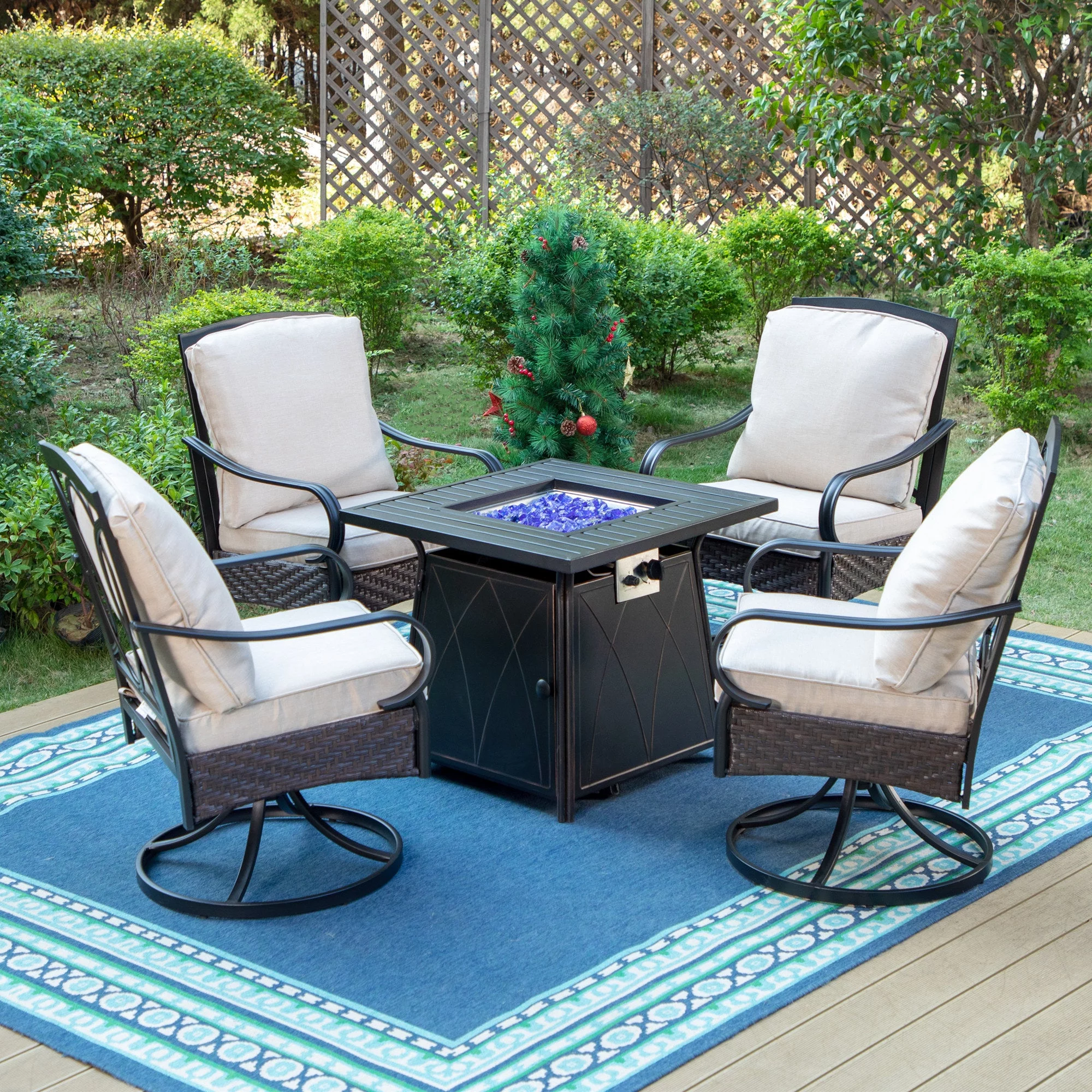 MF Studio 5-Piece Patio Conversation Set with 4 Swivel Wicker Cushioned Chairs & Fire Pit Table, 50,000 BTU, Black & Beige