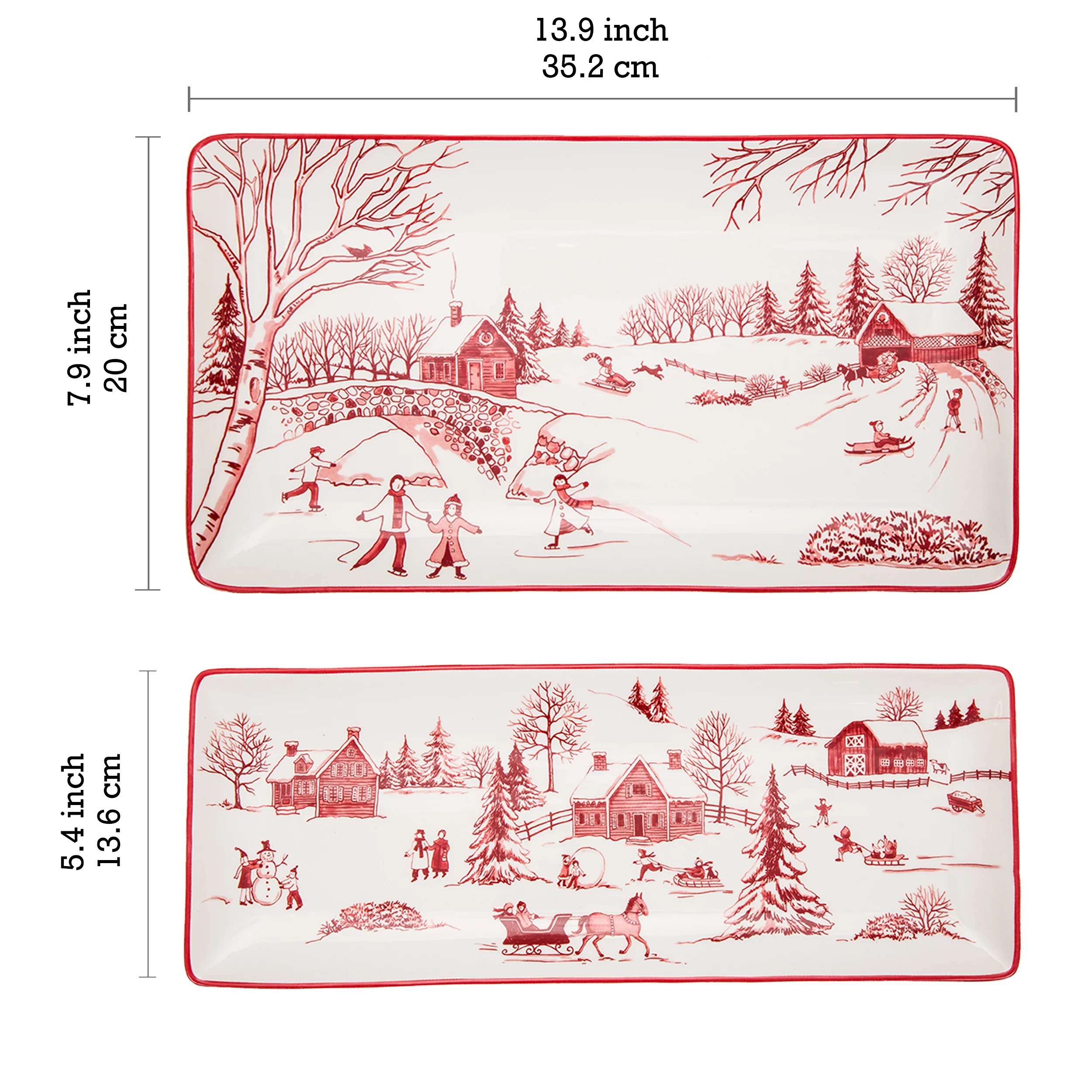 Bico Toile De Jouy Winter Wonderland Ceramic 14 inch Rectangular Serving Platter, Set of 2, for Serving Salad, Pasta, Cheese, Ham, Appetizer, Microwave & Dishwasher Safe