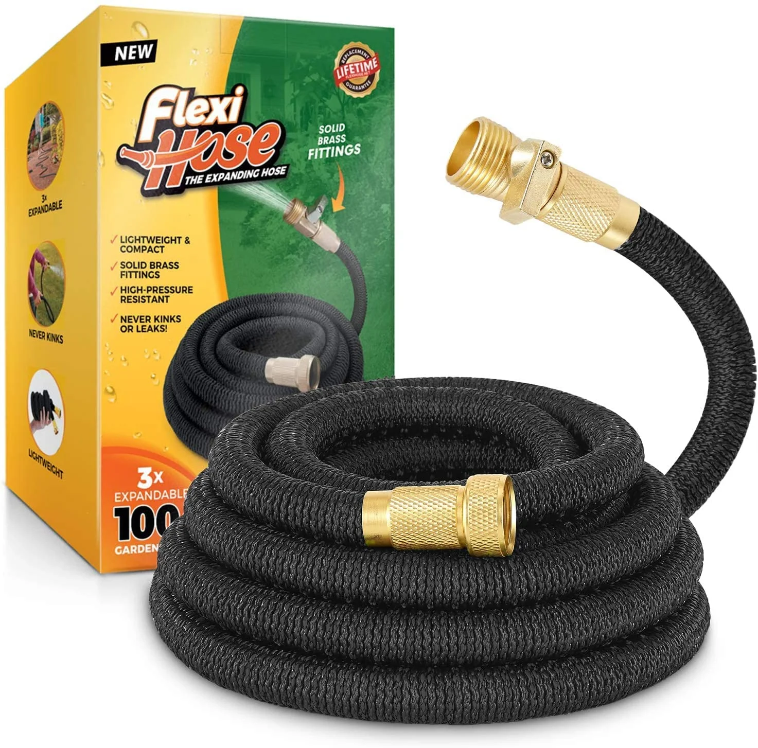 Flexi Hose 100 FT Lightweight Expandable Garden Hose | Ultimate No-Kink Flexibility - Extra Strength with 3/4 Inch Solid Brass Fittings & Double Latex Core | Rot, Crack, Leak Resistant