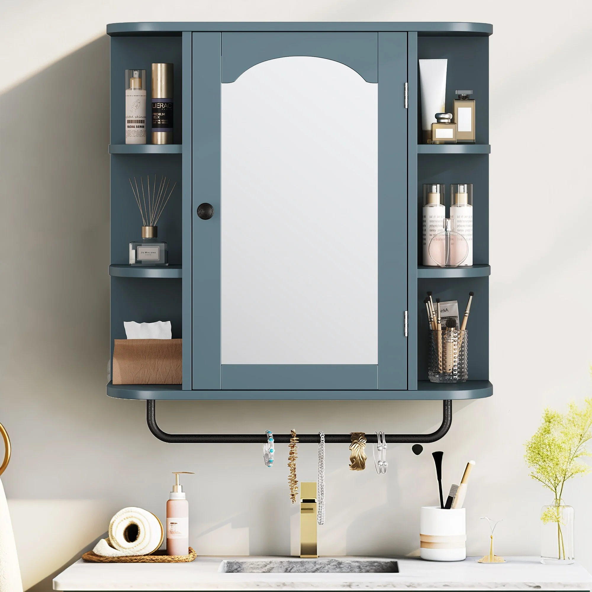 WedealFu Inc Modern Wall Bathroom Storage Medicine Cabinet with Adjustable Shelves and Towel Rack Blue