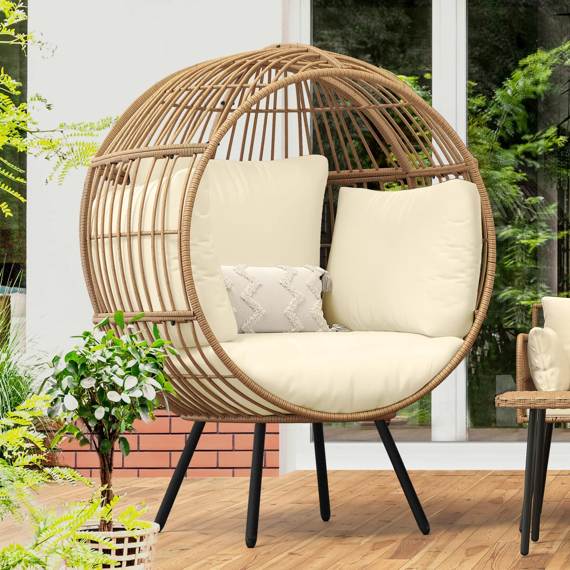 Dextrus Egg Chair Outdoor Egg Lounge Chair with Cushion Wicker Chair PE Rattan Chair for Bedroom,Living room, Patio, Garden, Backyard, Porch-Beige