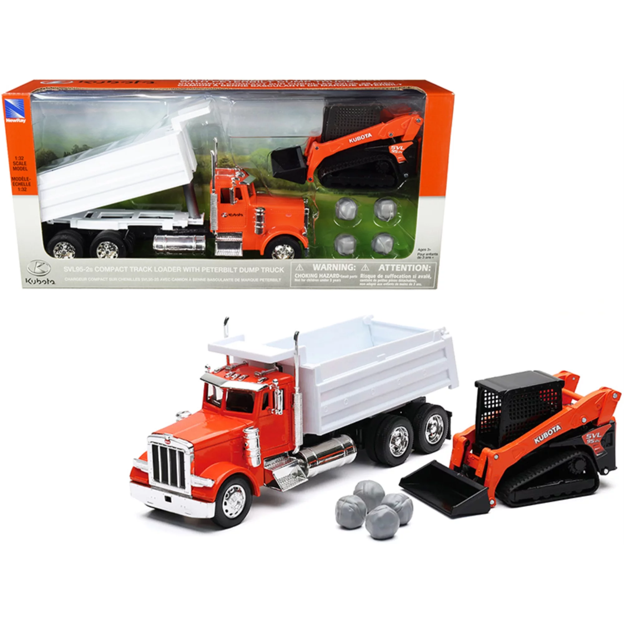 Peterbilt Dump Truck Orange and White and Kubota KX080-4 Excavator Orange and Black with Rocks 1/32 Diecast Model by New Ray