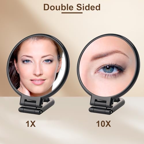 BOOMIBOO 1X/10X Magnifying Handheld Mirror Double Sided, Foldable Travel Makeup Mirror, Adjustable Rotation Pedestal Hand/Hanging/Desk Vanity Mirror-Black