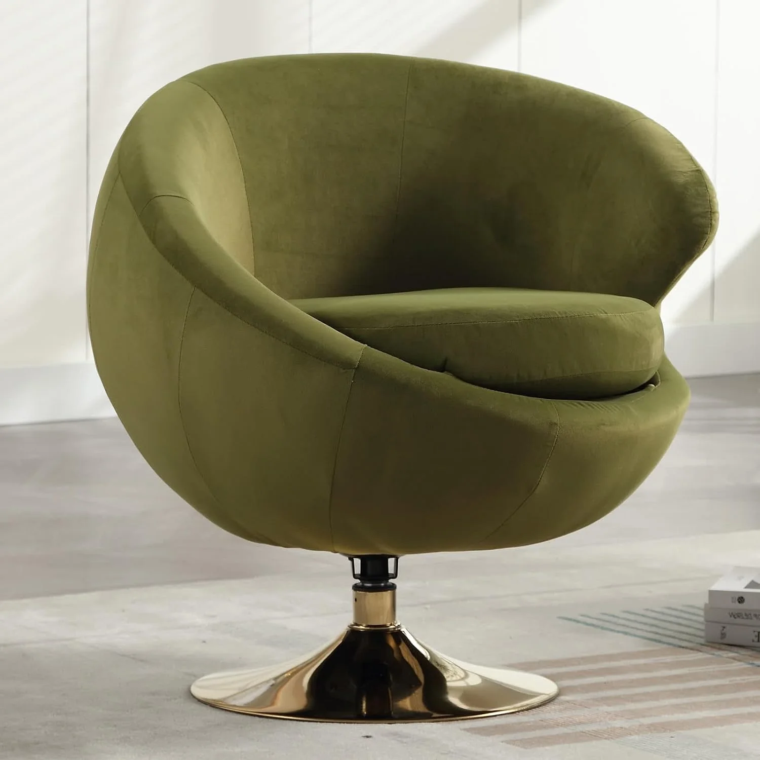 Modern Swivel Barrel Chair, Green Velvet Round Accent Chair, 360 Swivel Cuddle Vanity Chair, Upholstered Arm Chair for Living Room, Bedroom, Hotel, Studio, Bar, Salon, Right Olive Green