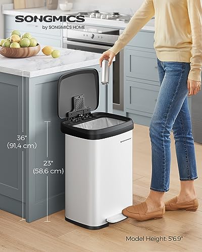 SONGMICS Kitchen Trash Can, Stainless Steel Garbage Can, with Stay-Open Lid and Step-on Pedal, Soft Closure, Tall, Large and Space-Saving, ULTB530W50