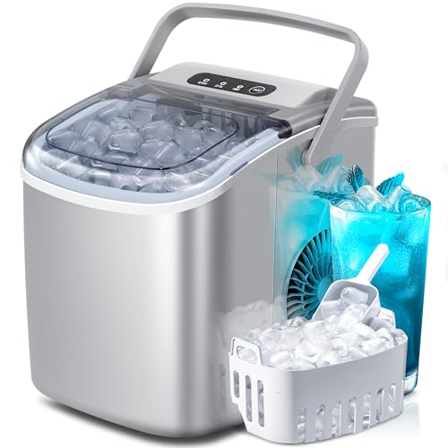 Portable Countertop Ice Maker Machine with Handle, 9 Bullet-Shaped Ice Cubes Ready in 6 Mins, Self-Cleaning Function with Ice Scoop and Basket for Home/Kitchen/Party