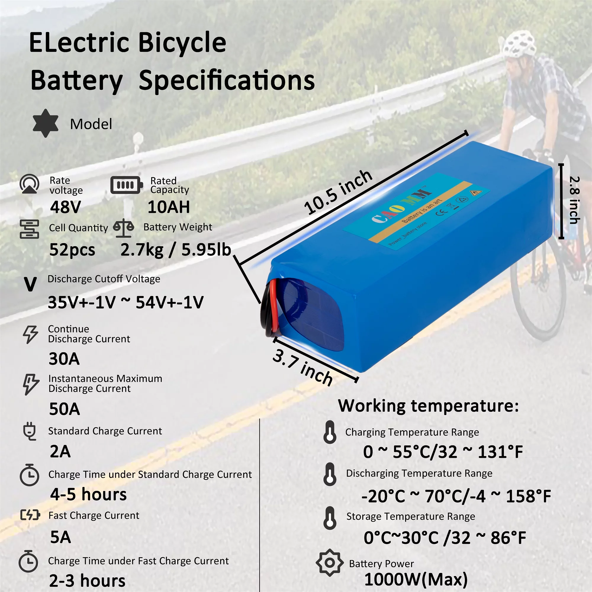 2PCS Ebike Battery 48V 10Ah Lithium Battery with 5A Fast Charger T Plug for Electric Bike Motor