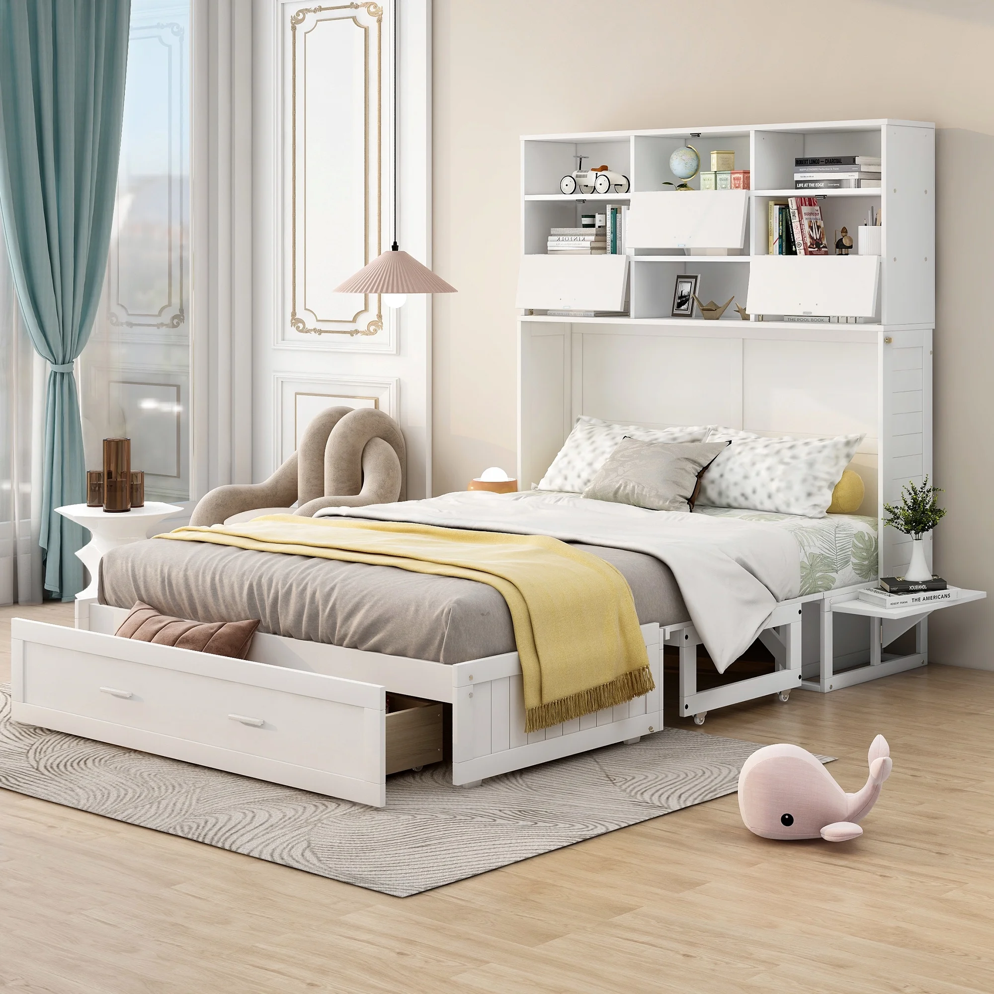 Euroco Queen Size Murphy Bed with Bookcase, Shelf and Drawer, Convertible into a Cabinet with Bookcase for Living Room, Space-Saving & Easy Open and Close, White