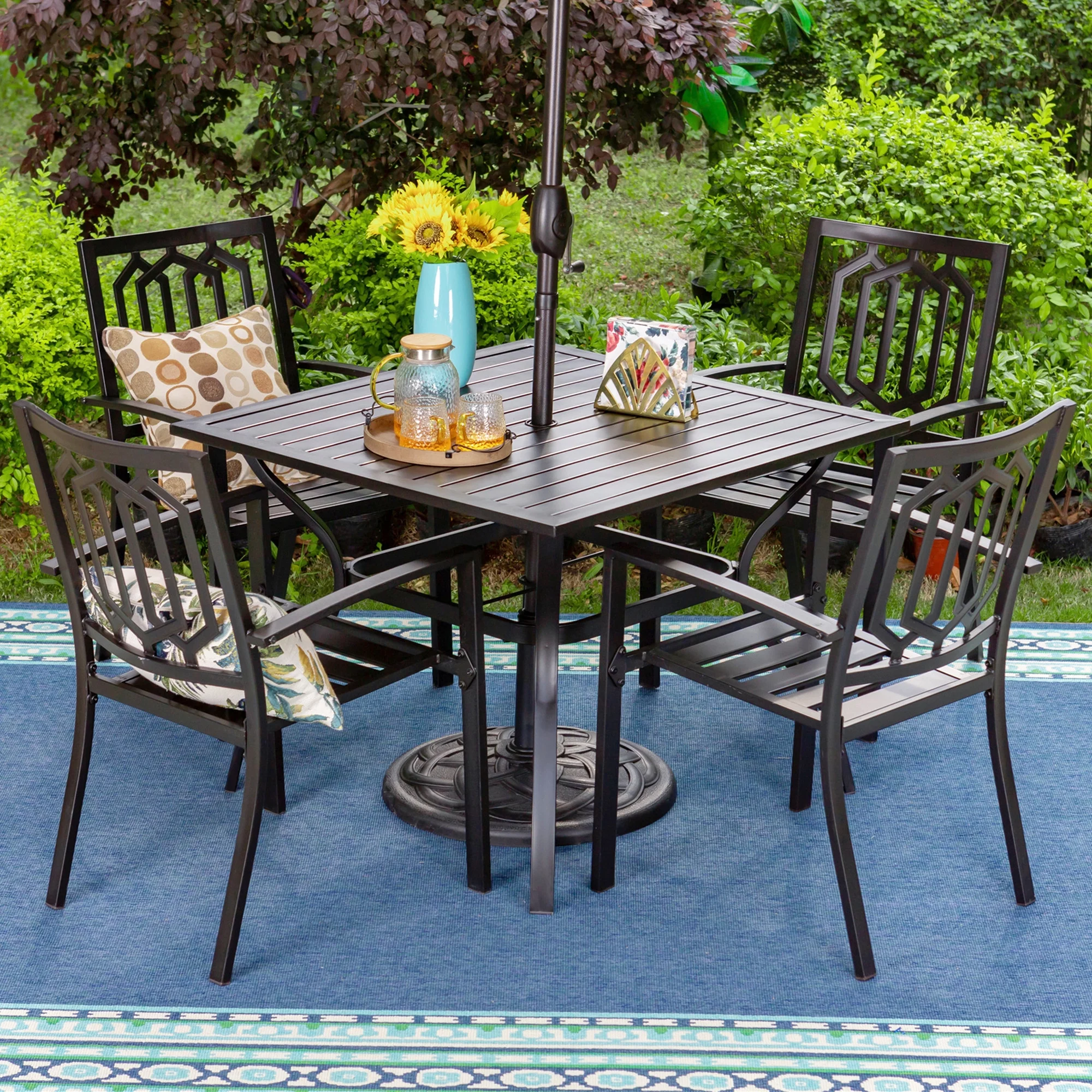 MF Studio 6-Piece Outdoor Patio Set with 10 FT Umbrella , 4 PCS Metal Steel Stacking Chairs &1 PC Square Dining Table, All Weather-resistant, Orange Red Umbrella