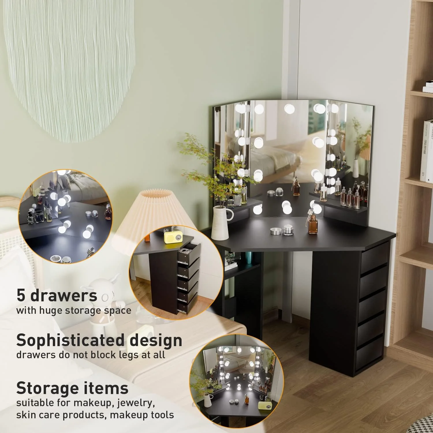 Corner Makeup Vanity Desk with Mirror and Lights, Bedroom Vanity Table with Lighted Mirror 5 Drawers and Storage Shelf for Women Girls Black