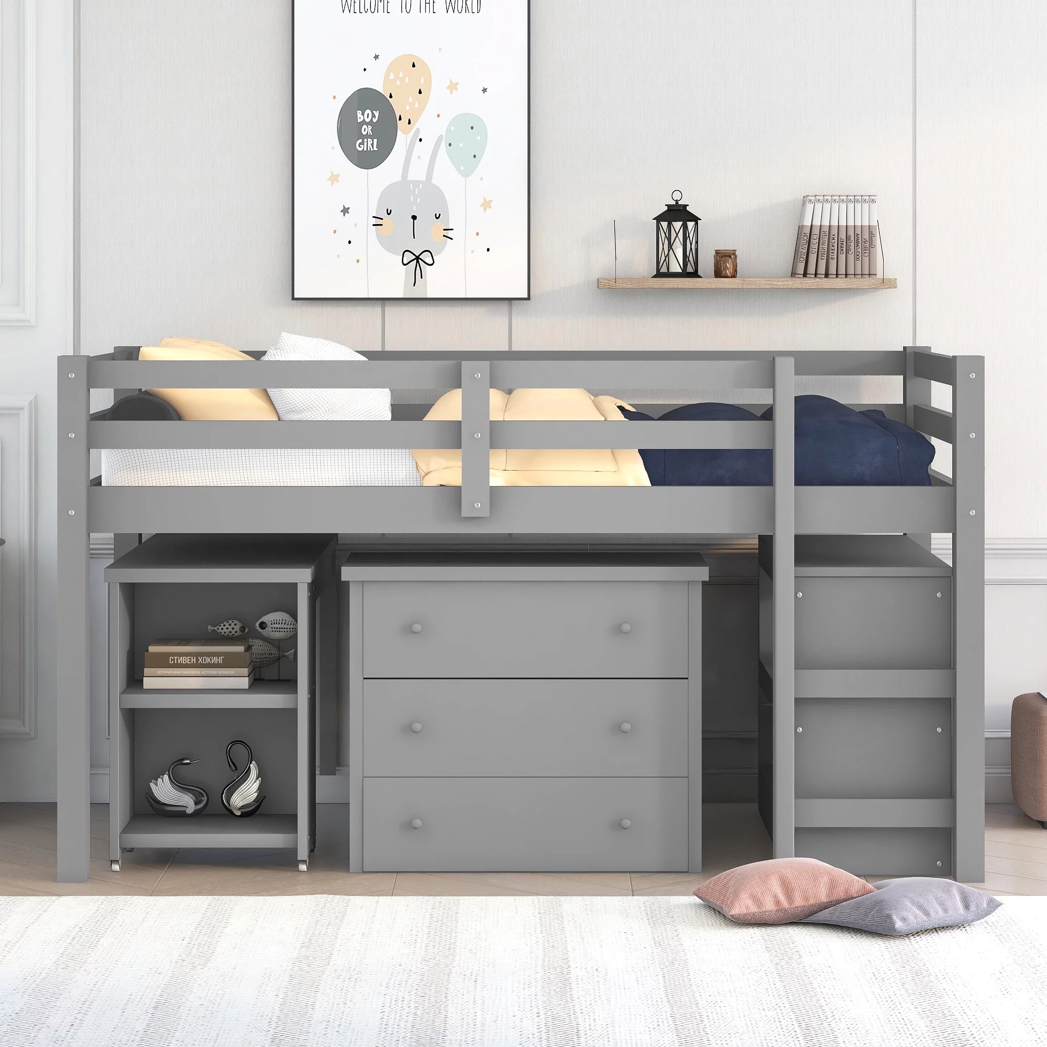 Bellemave Low Loft Bed with Movable Desk and Storage, Wood Twin Size Loft Bed with Drawers and Bookcase Shelf, Loft Bed with Cabinet for Kids and Teen（Gray)