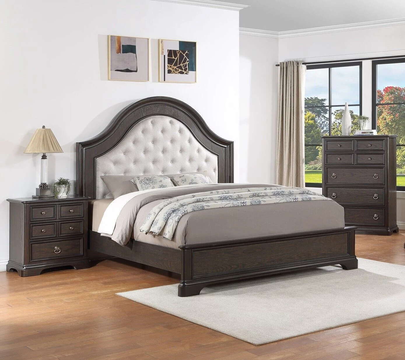 Classic Vintage Charm 3pc King Size Arched Panel Bed Storage Chest Nightstand Master Bedroom Set