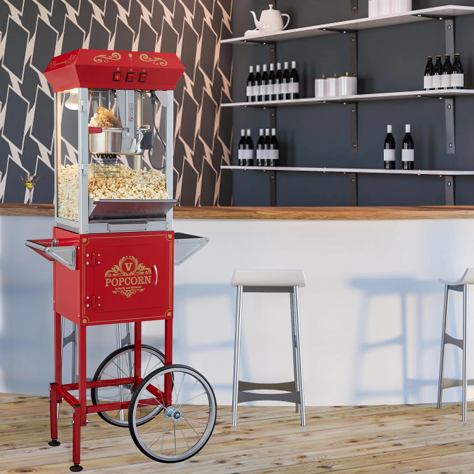 VEVOR Popcorn Popper Machine 8 oz/0.5 lbs 48 Cups Capacity Popcorn Maker Cart 850W Red, Suitable for Party or Office