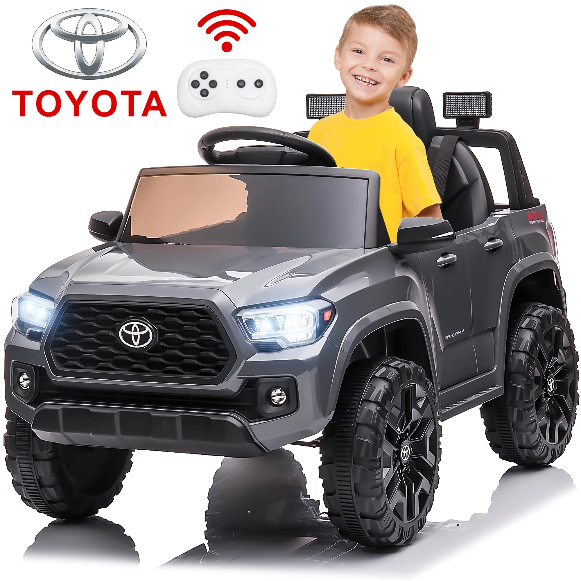 Licensed Toyota Tacoma 12V Battery Powered Ride on Cars with Remote Control, Kids Electric Ride on Vehicles for Boys Girls, Ride on Truck Toys with USB, AUX, MP3, FM Function, LED Headlight, Gray