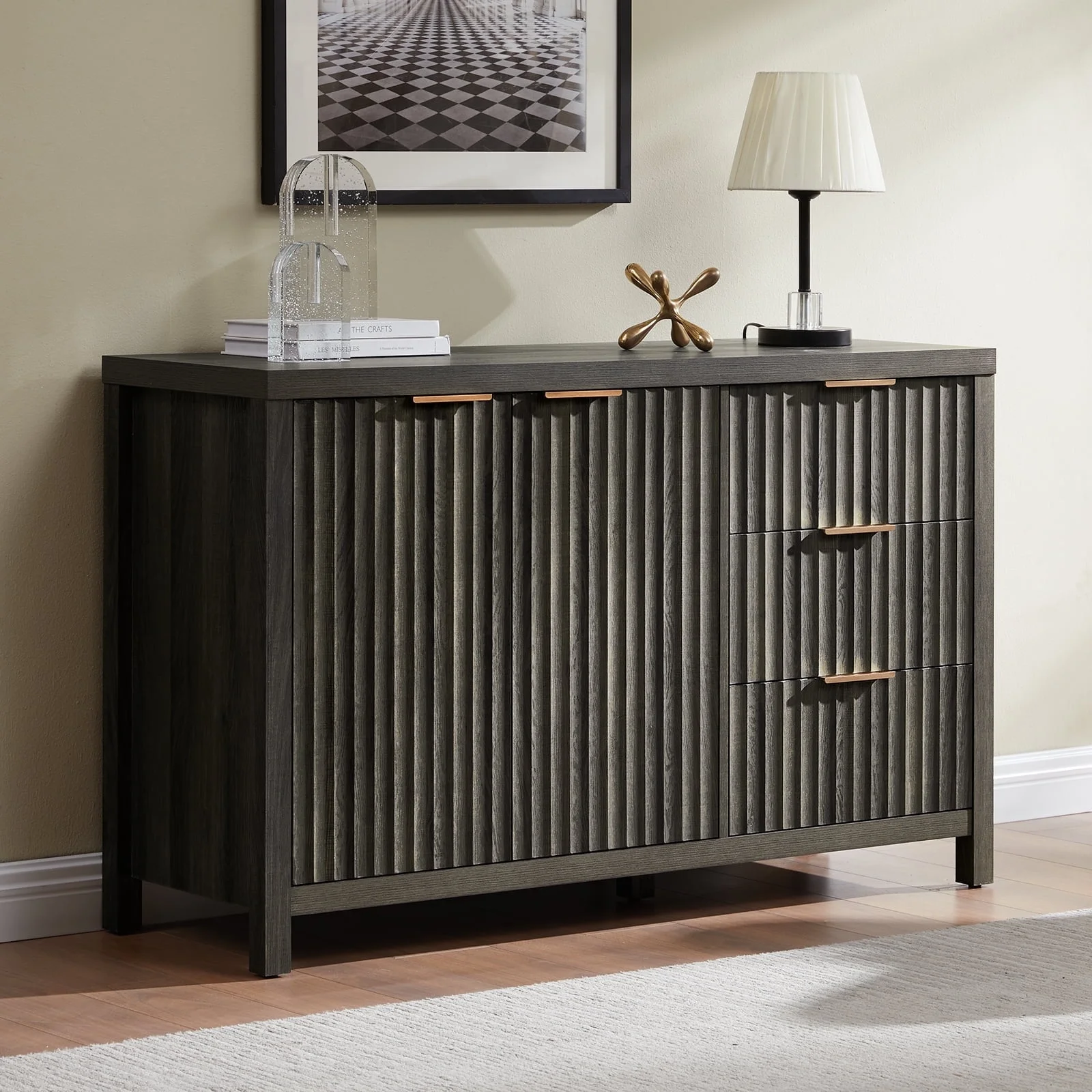 OAKHAM Buffet Sideboard Storage Cabinet with Drawer and Doors, Fluted Sideboard Modern Credenza with Adjustable Shelves, Accent Cabinet Console for Entryway, Living Room, Black Oak
