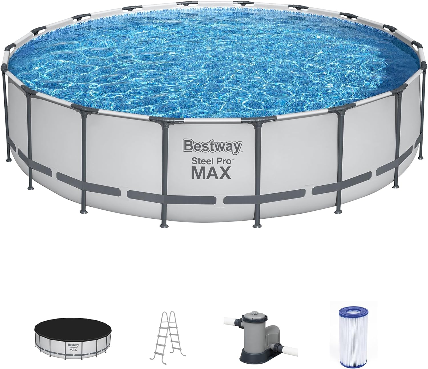 Bestway Steel Pro MAX 18 Foot x 48 Inch Round Metal Frame Above Ground Outdoor Swimming Pool Set with 1,000 Filter Pump, Ladder, and Cover