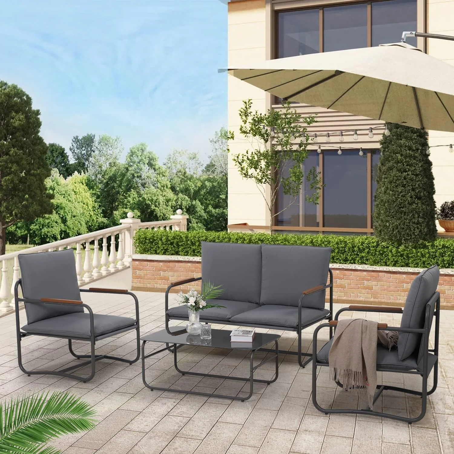 CozyHom 4 PCS Outdoor Patio Aluminum Sofa Furniture Conversation Sets with Coffee Table and 4-inch Cushion, Dark Grey