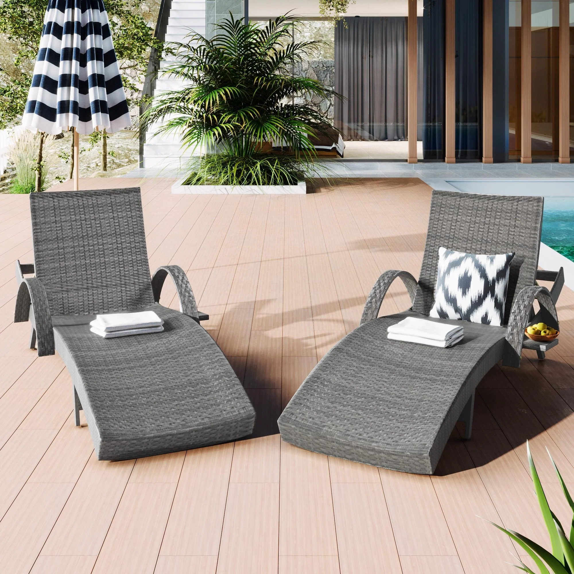 Glavbiku Outdoor Wicker Lounge Chairs Set of 2,Patio Rattan Reclining with Pull-out Side Table,Gray
