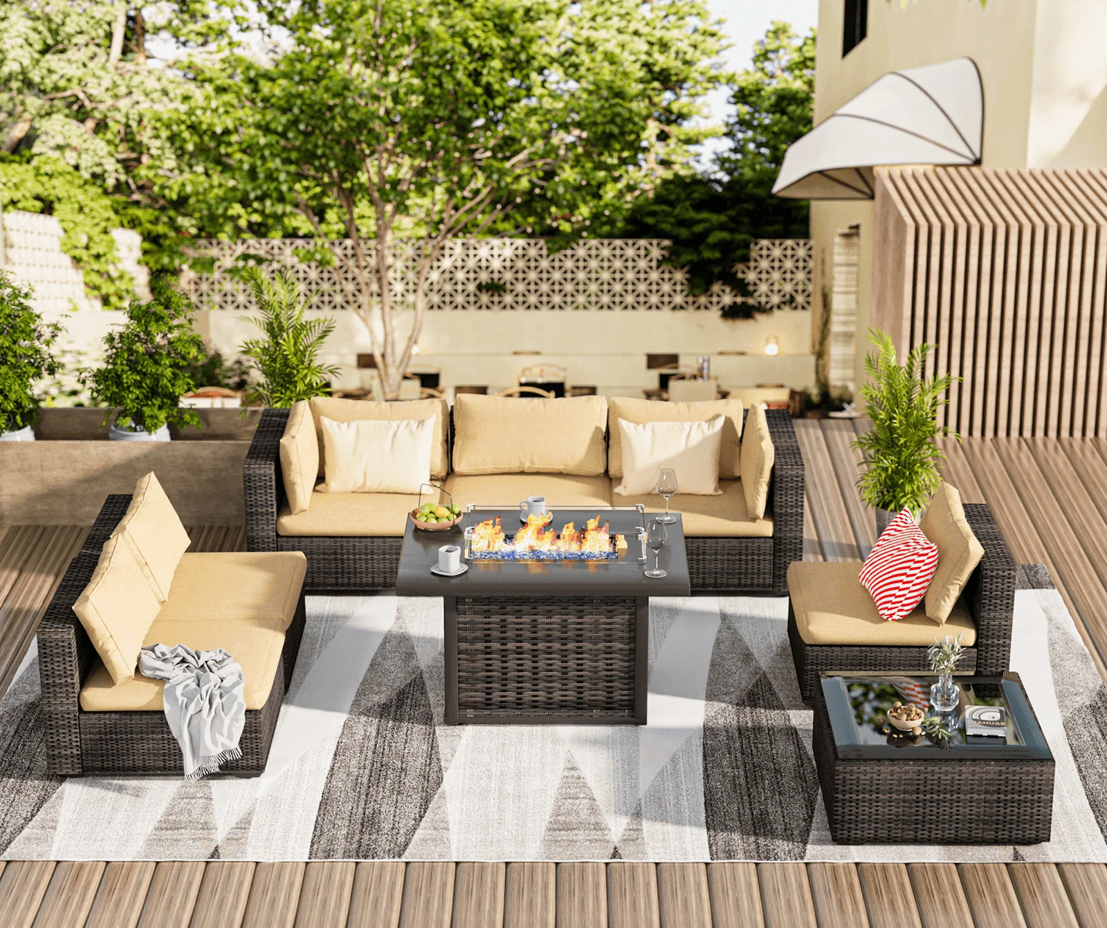 TANGJEAER 8 Pieces Patio Outdoor Furniture Sets All Weather Wicker Sectional Sofa Couch Lawn Sectional Furniture with Washable Couch Cushions and Black-Glass Table, Beige