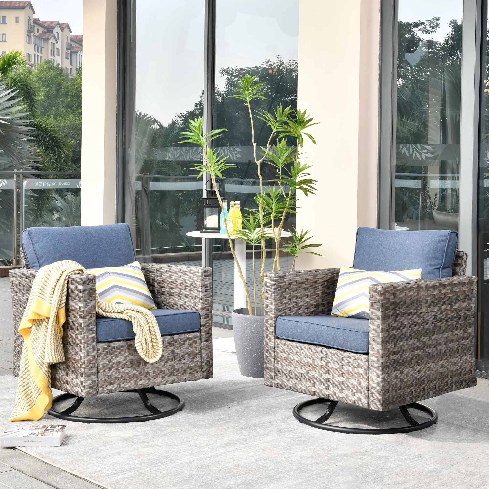 Ovios 2 Pieces Outdoor Patio Furniture Wicker Swivel Chair with Cushions for Backyard