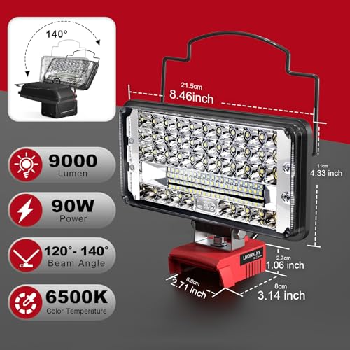 LIVOWALNY Portable LED Work Light for Milwaukee 18v Battery, 60W 6000LM Cordless Flood Lights with Low Voltage Protection and USB & Type C Charger Port