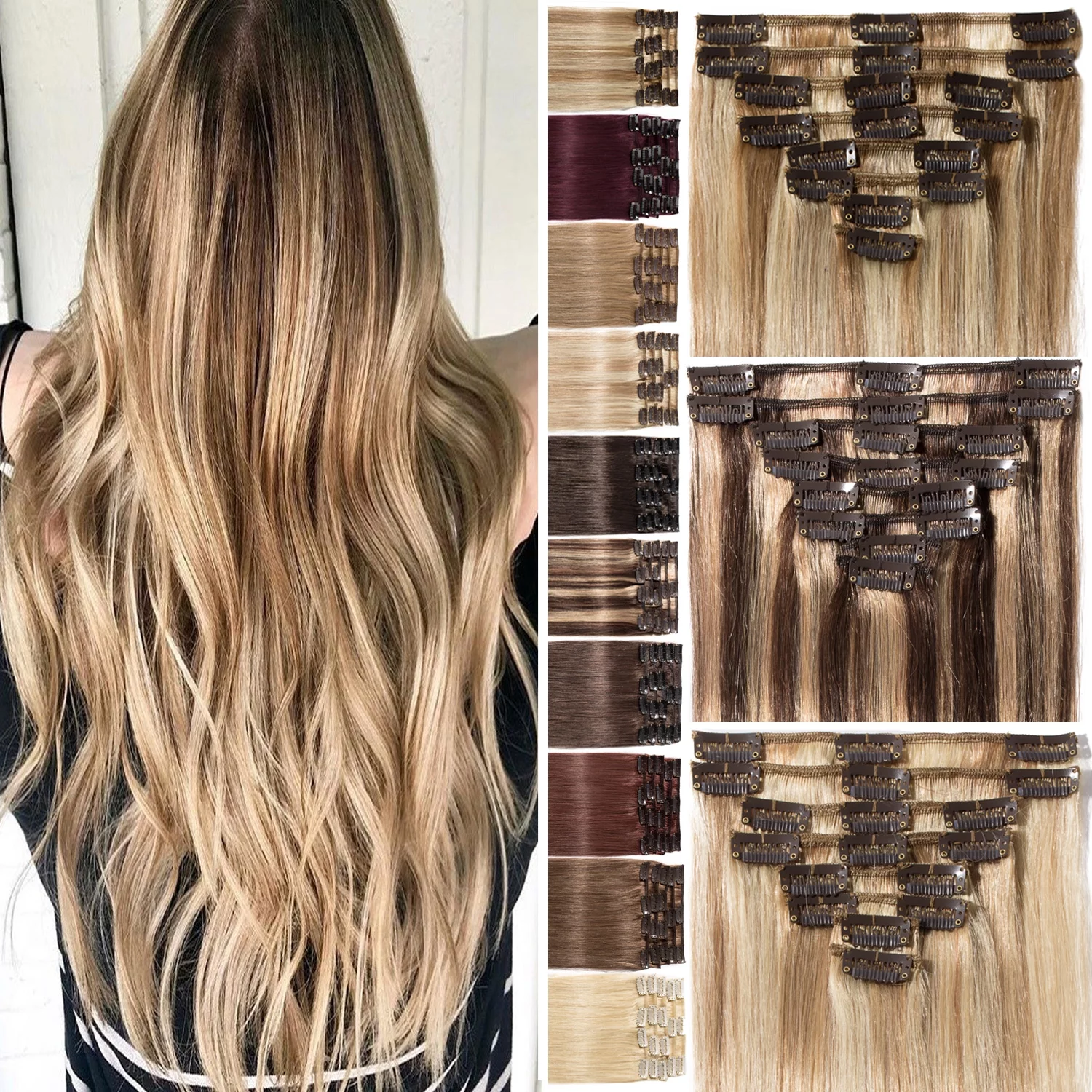 Benehair Human Hair Extensions Clip In Hair Extension Full Head Remy Hair Natural Blonde for Women Straight 8