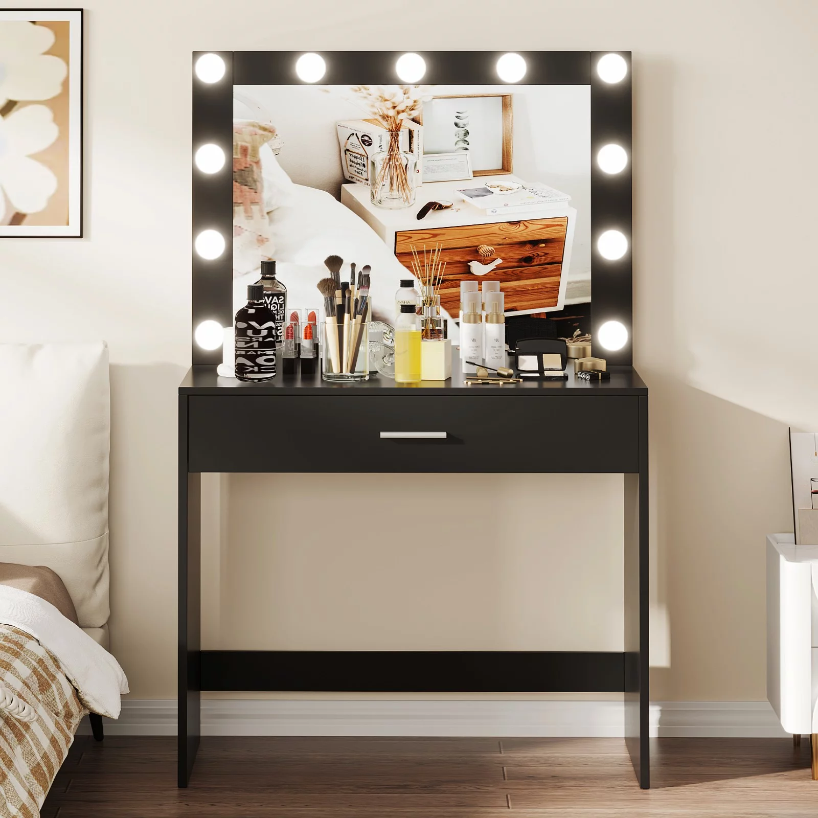 Modern Makeup Vanity Table with 3-Color Lights,Wooden Bedroom Dressing Desk with Mirror, Black