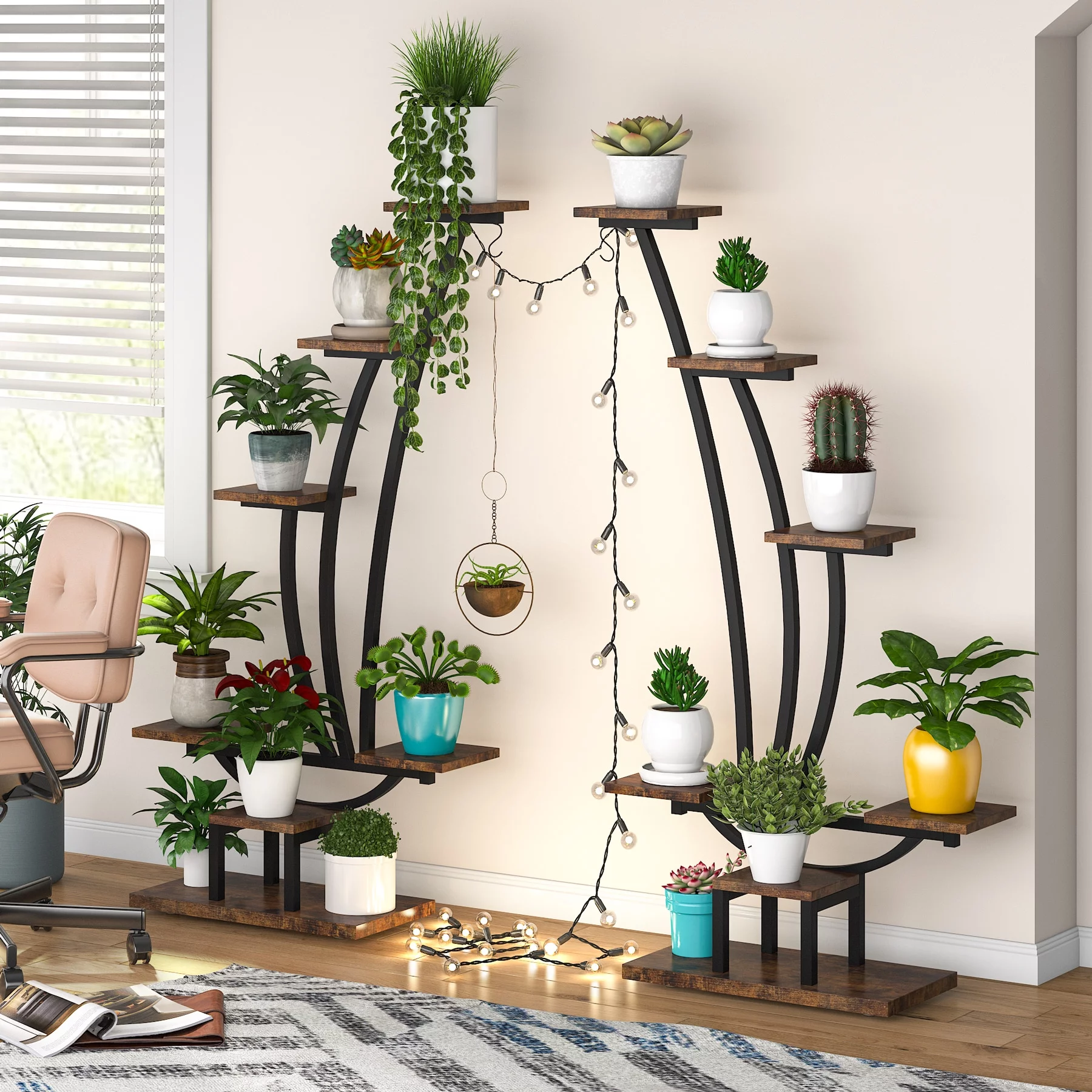 Tribesigns 59.8 in. Brown Curve Wood Rectangular Multi-Tiered Indoor Plant Stand with 6-Tier Shelf and Hooks(Pack of 2)