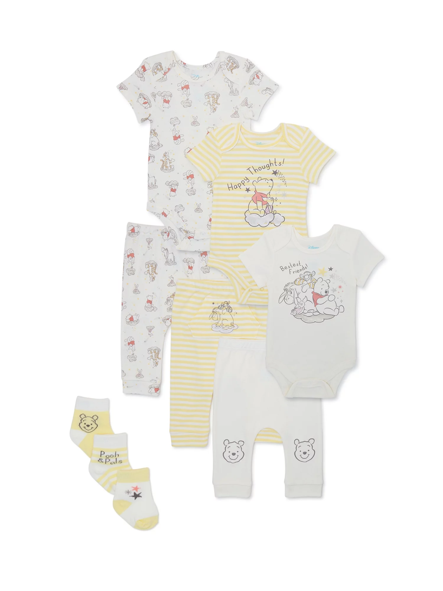 Disney Baby Wishes + Dreams Baby Boys and Girls Unisex Winnie The Pooh Bodysuits and Pants Outfit Set, 9-Piece, Newborn-12 Months