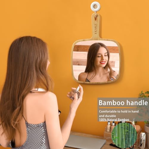 YEAKE Hand Mirror,Natural Bamboo Handheld Mirror with Handle, Single-Sided Portable Travel Vanity Mirror for Men & Women,6.9