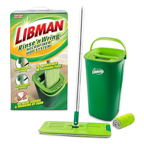 Libman Rinse 'n Wring Mop and Bucket System | Microfiber Floor Mop | Hardwood Floor Cleaner | Wet & Dry Mop | Clean & Dirty Water Chambers | Power Blades | 4 Total Microfiber Pads
