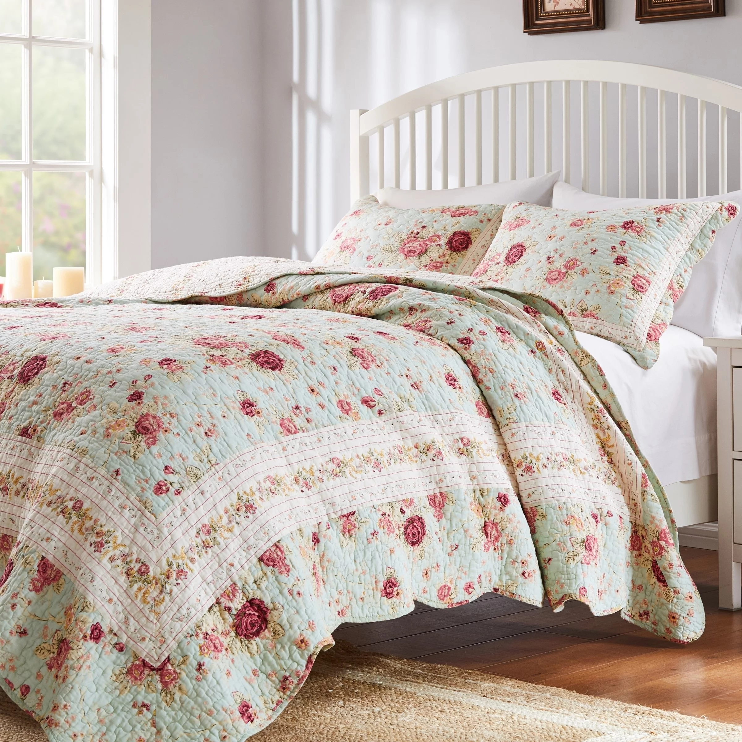 Greenland Home Fashions  Antique Rose All-Cotton Reversible Quilt Set Blue (3-Piece Set) Oversized Queen 3 Piece