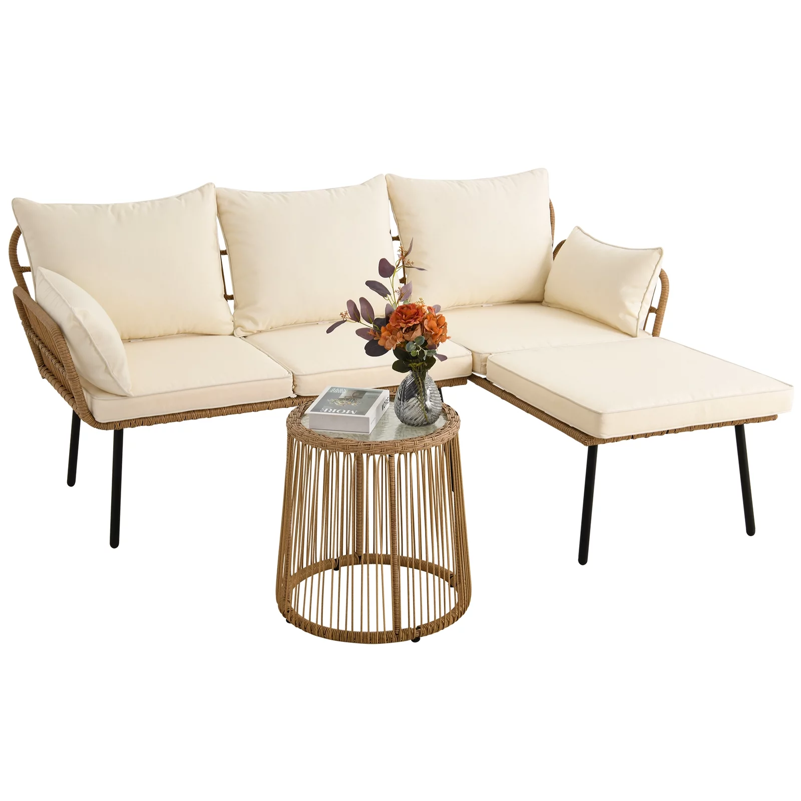 Dextrus L-Shaped Patio Sofa, All-Weather Wicker Boho Patio Conversation Set with Tempered Glass Coffee Table & Cushions, Outdoor Furniture