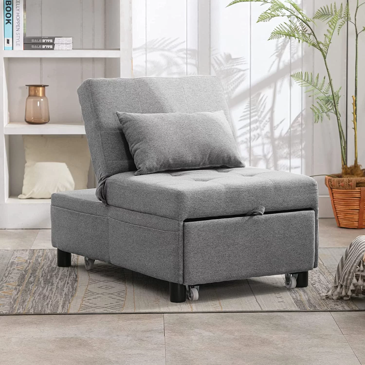 Mjkone 4-in-1 Sleeper Chair with Adjustable Backrest,Storage Space and Pillow,Convertible Futon Sofa Bed,Memory Foam Pull Out Couch for Compact Spaces Living Room(No Assemble Need,Light Grey)