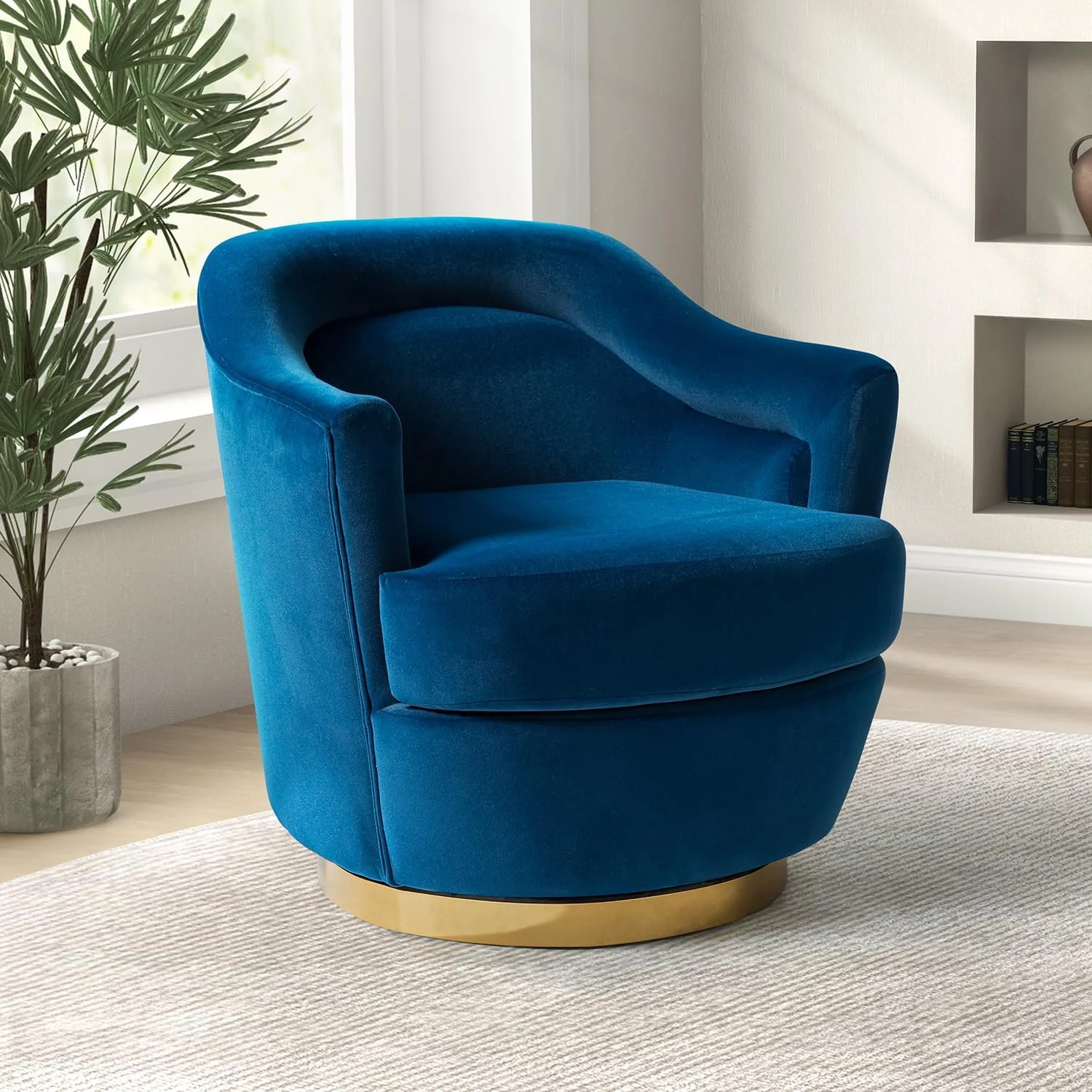 Upholstered 360 Swivel Barrel Chair Round Accent Chair Removable Cushion Single Armchair Club Sofa Metal Base Living Room Bedroom Blue