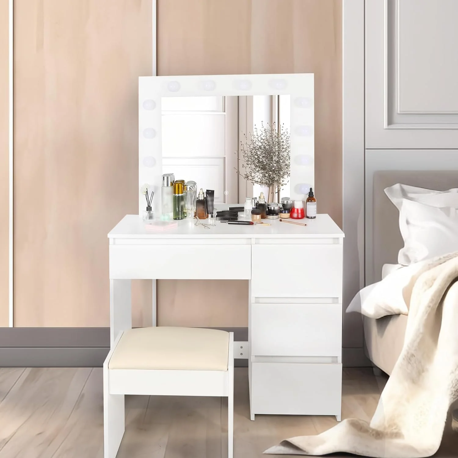 REDCAMP Makeup Vanity Set with Lights, Vanity Desk with 4 Drawers, Cushioned Stool,3 Lighting Colors,White