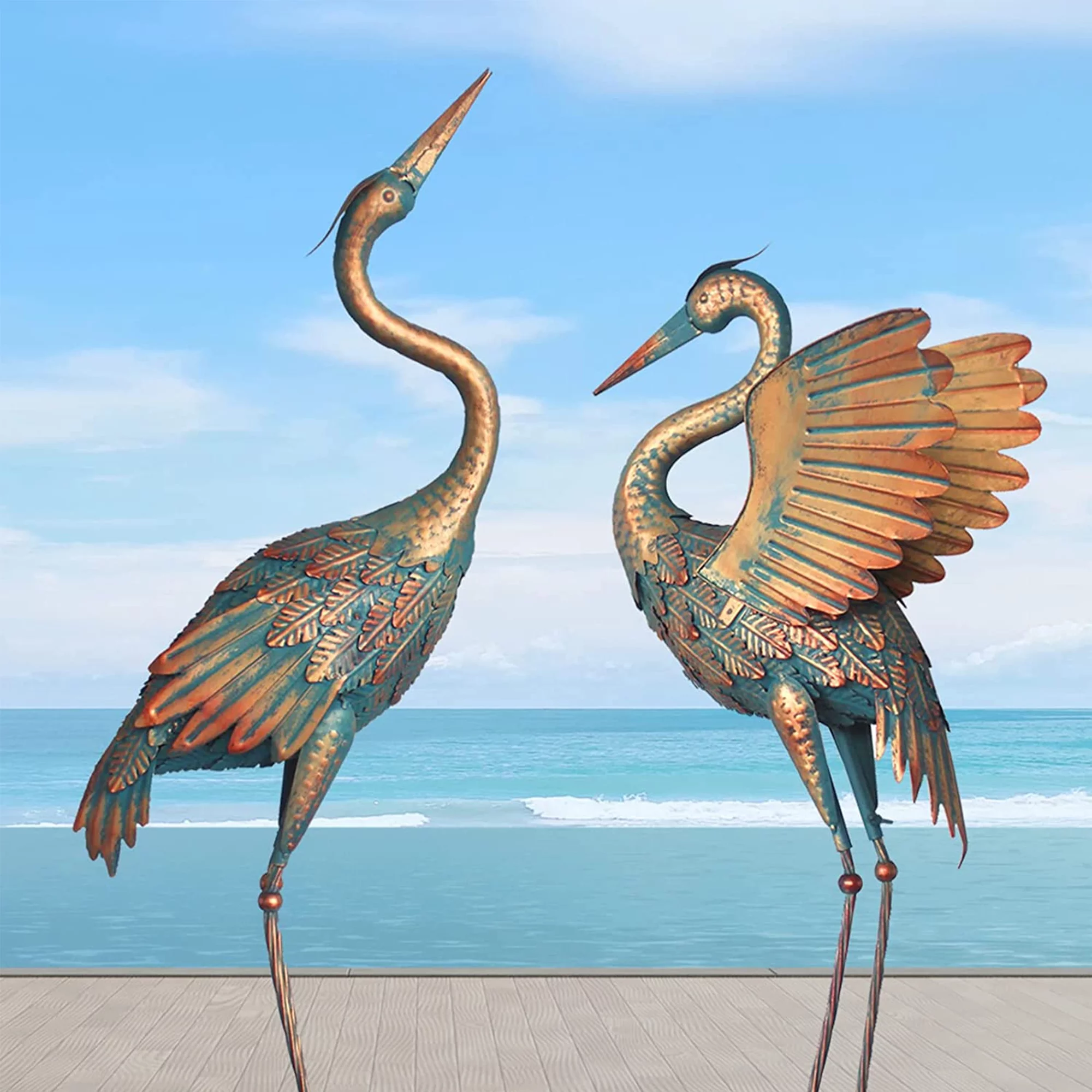 HOMYSHOPY Crane Sculptures Décor, 31-37 inch Metal Crane Garden Statues Bird Yard Art, Standing Sculptures for Yard Lawn Pond, Vintage Spread Wings Crane, Set of 2