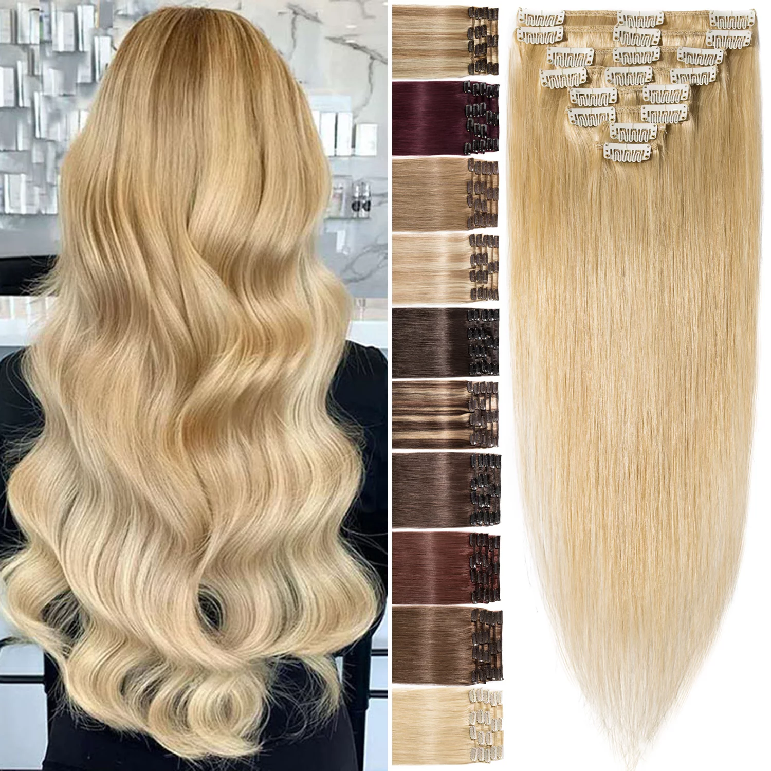 Benehair Human Hair Extensions Clip In Hair Extension Full Head Remy Hair Natural Blonde for Women Straight 8