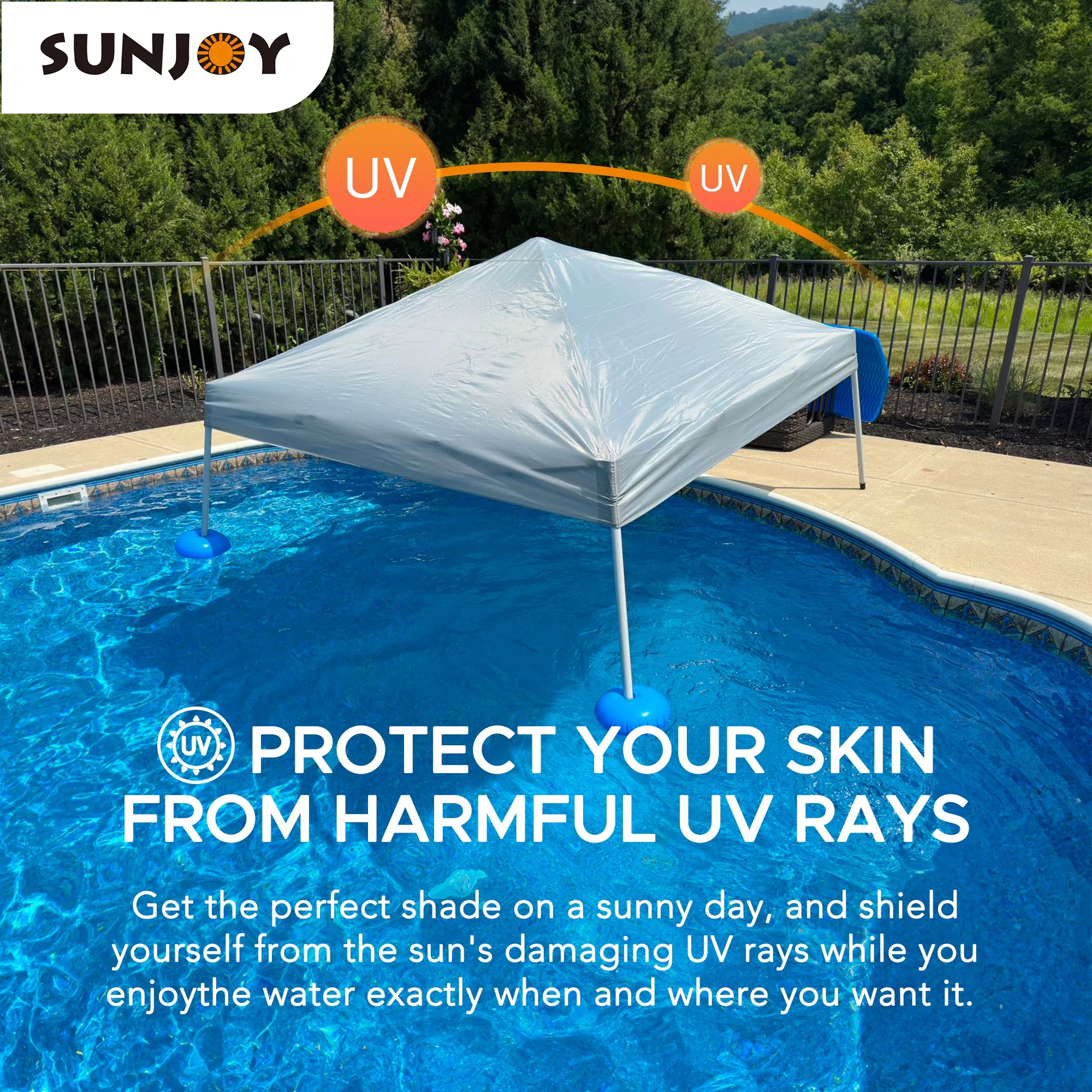 Sunjoy Floating Pool Canopy 10’ × 10’ Pop Up Gazebo Grey Fabric Canopy, Steel and Aluminum Frame Floating Tent with PVC Floats, Hand Air Pump, and Carry Bag